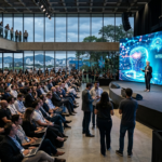 Auditório lotado durante o Summit de Inteligência Artificial Brasil 2026, em Joinville (SC), com palestrante no palco diante de um grande painel digital sobre Inteligência Artificial, reunindo especialistas, executivos, pesquisadores e profissionais de tecnologia.