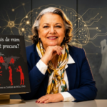 Myrinha Vasconcellos ao lado do livro Quais de Mim Você Procura?, obra que aborda o WOLLYING e seus impactos emocionais e sociais.