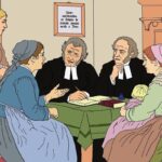 Quatro mulheres vestidas com roupas antigas, duas delas sentadas e duas em pé ao redor de uma mesa forrada com uma toalha verde, conversam com dois homens de vestes pretas formais. Um dos homens escreve em um livro aberto sobre a mesa. Ao fundo, quadro na parede com texto religioso em português.