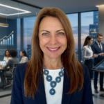 Marcia Lavrado em destaque em ambiente corporativo moderno, com equipes em reunião estratégica e painéis de desempenho ao fundo, representando liderança, protagonismo profissional e desenvolvimento de talentos.