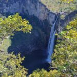 Cachoeira estreita despenca de penhasco rochoso alto para um poço escuro abaixo, cercada por vegetação verde e árvores em primeiro plano.