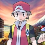Red segura uma Poké Bola diante de paisagem inspirada no Japão em arte de Pokémon destacando o icônico treinador da franquia