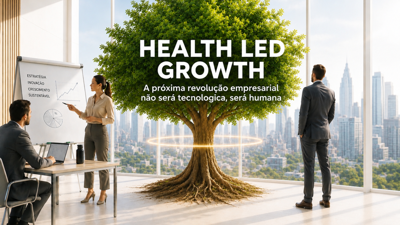 Ilustração do conceito Health Led Growth, criado por Anna Maoli, mostrando líderes empresariais em ambiente corporativo ao redor de uma árvore que simboliza crescimento sustentável, saúde estratégica e alta performance.