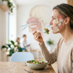 Mulher respirando pelo nariz enquanto mastiga um alimento saudável, com ilustração anatômica destacando as vias aéreas e os músculos da mastigação.