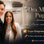 Dra. Marcela Puglisi posa na Inné Clinic ao lado de um homem, em imagem que anuncia sua participação como palestrante na Expo Empreendedor 2026.
