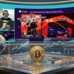 Painel representa a relação entre geopolítica, economia global e Bitcoin, com mapas, indicadores financeiros e mercados internacionais.