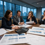Executivos analisam documentos, planilhas e projeções financeiras durante reunião corporativa sobre os impactos da reforma tributária e a indefinição das futuras alíquotas.