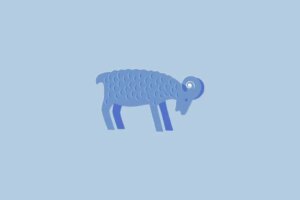 Ilustração do signo Áries, com a figura de um carneiro curvado com chifres, desenhado em azul sobre fundo azul-claro