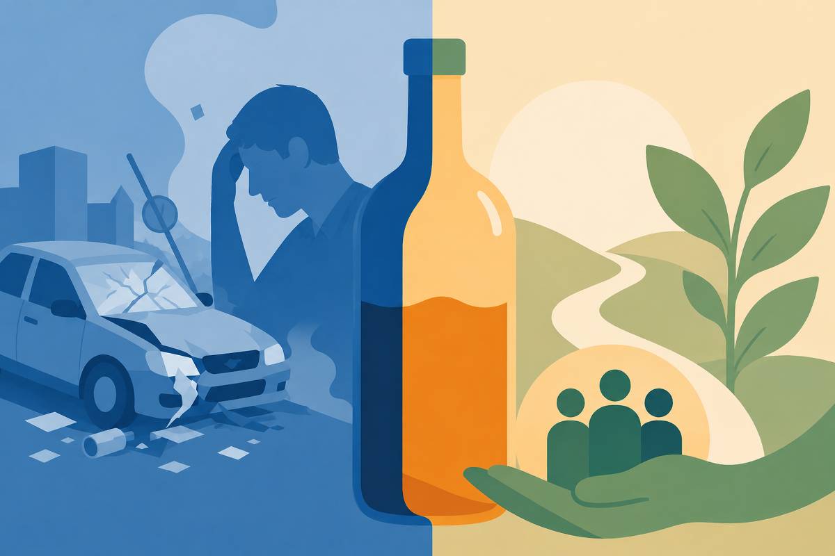 Ilustração dividida ao meio: à esquerda, carro batido com vidro quebrado e homem cabisbaixo; à direita, mão segurando figuras humanas e planta verde, simbolizando cuidado e recuperação.