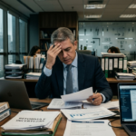 Empresário analisa documentos e sistemas fiscais em meio às incertezas da implementação da reforma tributária brasileira.