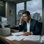 Empresário analisa documentos fiscais em escritório enquanto representação visual simboliza a antecipação de tributos e a pressão sobre o fluxo de caixa.