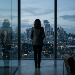Executiva observa a cidade pela janela de um escritório corporativo, em uma reflexão sobre sucesso, futuro e riscos da carreira.