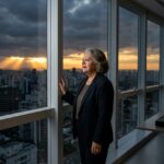 Myrinha Vasconcellos observa o horizonte ao amanhecer em um ambiente corporativo, em uma representação da coragem, da liderança e da esperança diante das grandes decisões.
