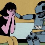 A imagem mostra uma pessoa sentada, cobrindo o rosto com as mãos, expressando tristeza. Ao lado, um robô com um design futurista está estendendo uma mão em direção à pessoa, segurando uma caixa de lenços. O fundo é de uma cor amarela suave, e a pessoa está vestindo uma camiseta preta e calças claras.