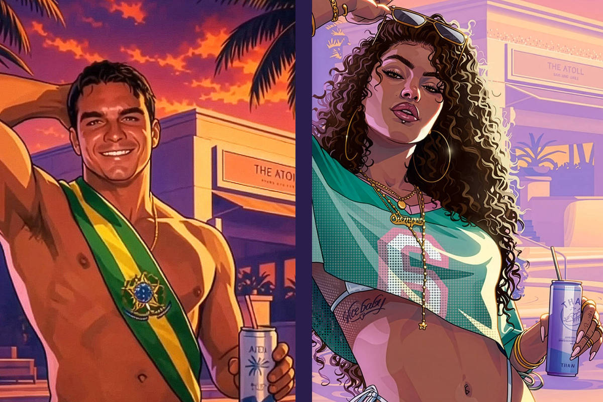 Homem sorridente com faixa verde e amarela do Brasil no peito, segurando lata de bebida, ao lado de mulher com cabelo cacheado, camiseta curta e biquíni, também segurando lata. Fundo com palmeiras, prédio e céu alaranjado ao pôr do sol.