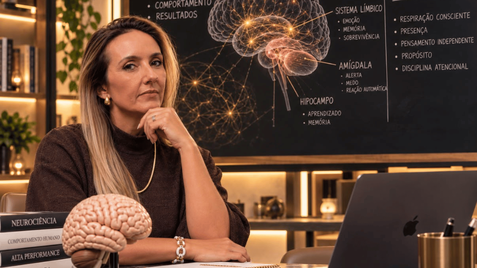 Anna Maoli em ambiente de estudo sobre neurociência, atenção e domínio da mente, com modelo do cérebro e ilustração cerebral ao fundo.