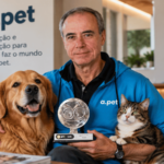 Luiz Genova, CEO da APet, com cães e gato e troféu em ambiente dedicado à saúde e ao mercado pet.