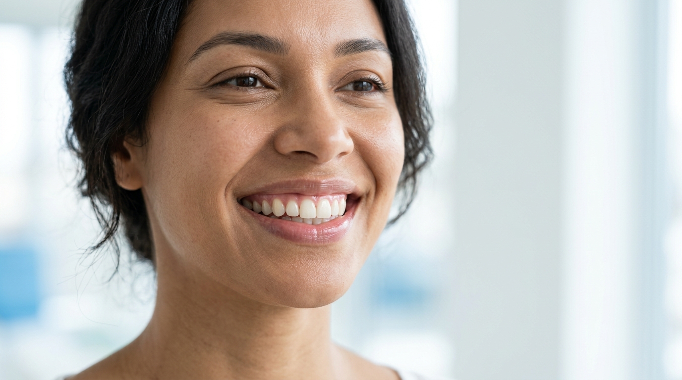 Mulher sorrindo em imagem editorial sobre a importância da saliva para a saúde bucal e o bem-estar.