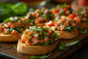 Bruschettas italianas feitas com fatias de pão tostado e cobertas com tomate vermelho em cubos e folhas verdes de manjericão. As fatias estão dispostas sobre uma tábua de madeira escura, com algumas folhas verdes espalhadas ao redor. Ao fundo, aparecem outras bruschettas desfocadas, em um ambiente de iluminação quente que destaca as cores dos ingredientes.