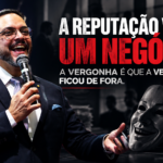 Imagem editorial mostra duas versões de Tucco, estrategista de reputação, separadas por um espelho rachado. Uma representa a credibilidade autêntica; a outra, a reputação maquiada, simbolizando o conflito entre verdade, aparência e autoridade no mundo corporativo.