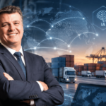 Allan Bernardotti em composição visual que integra centros de distribuição, transporte de cargas, Inteligência Artificial e análise de dados, representando a transformação da Logística e do Supply Chain.