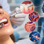 Profilaxia dentária realizada por cirurgião-dentista, com ilustrações das conexões entre saúde bucal, cérebro, coração, intestino e microbiota.