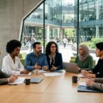 Equipe multicultural reunida em ambiente universitário internacional durante reunião de trabalho e liderança.