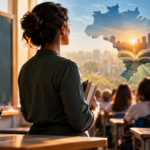 Professora em sala de aula observa estudantes diante de uma representação do mapa do Brasil, simbolizando os desafios da formação e valorização docente.