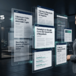 Executiva observa painéis digitais com matérias jornalísticas e resultados de busca da PRNews, representando autoridade, reputação e presença estratégica no Google.