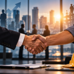 Empresário e trabalhador apertam as mãos, simbolizando diálogo, cooperação e respeito nas relações de trabalho.