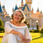 Myrinha Vasconcellos em frente ao castelo da Disney, ilustrando a conexão entre tecnologia, experiência do cliente e encantamento humano.