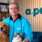 Luiz Gênova, CEO da APet, empresa de planos de saúde para cães e gatos, em ambiente corporativo, ao lado de um cachorro e um gato.